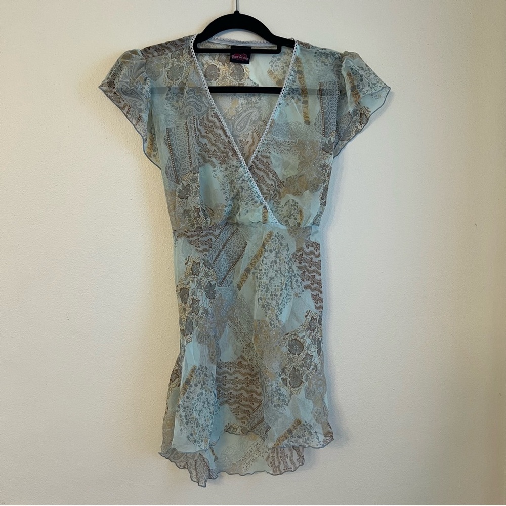 Y2K Diva-Licious vintage patchwork paisley Blue and Brown Puff Sleeve Top